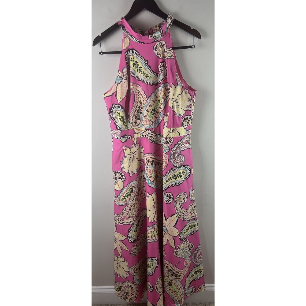 Tahari Dress Pink Halter Maxi Size 12 Paisley Floral Flowy Long